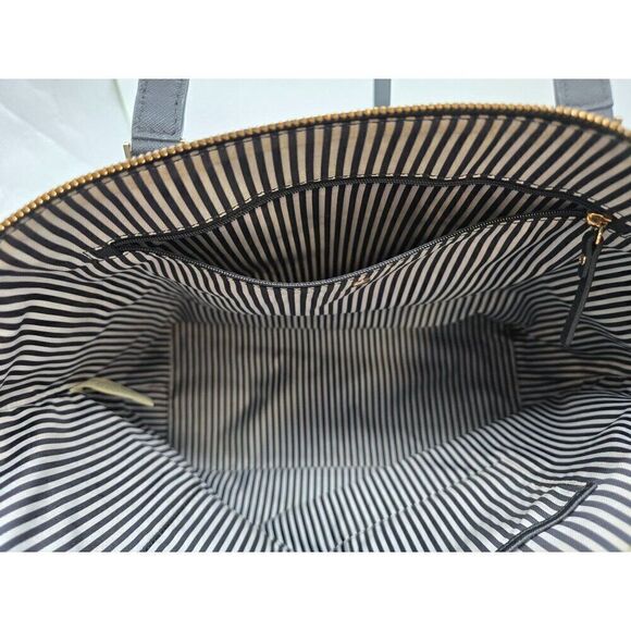 Kate Spade New York Black Leather Tote Bag With Gold Hardware & Striped Interior - Picture 4 of 9